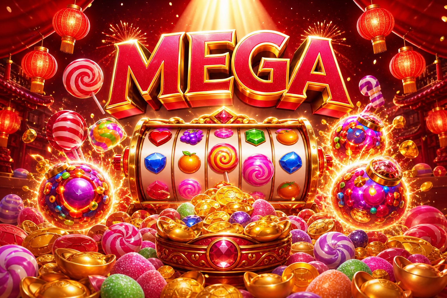 Màn hình chính MEGA với các trò chơi nổ hũ, quay số, bắn cá rực rỡ sắc màu